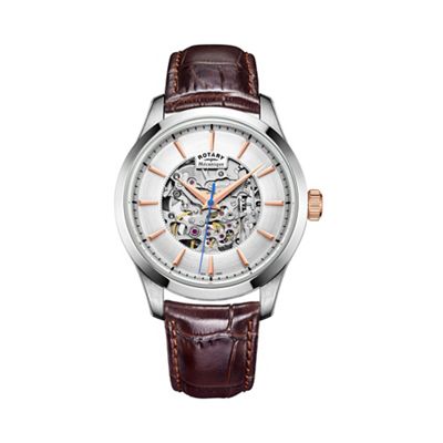 Men's silver 'Skeleton' brown leather watch gs05032/06